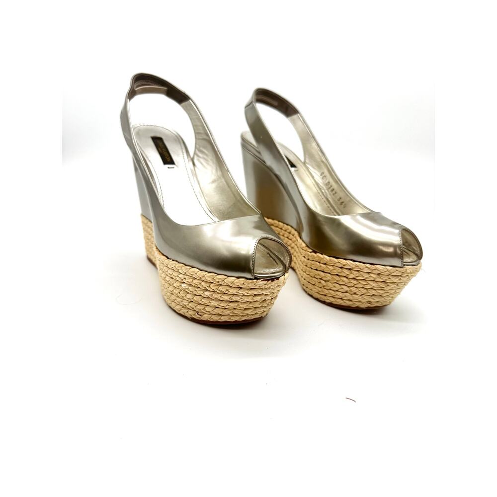Louis Vuitton Lagoon Metallic Gold Patent Slingback Espadrille Wedges EU 36.5 - Picture 1 of 9